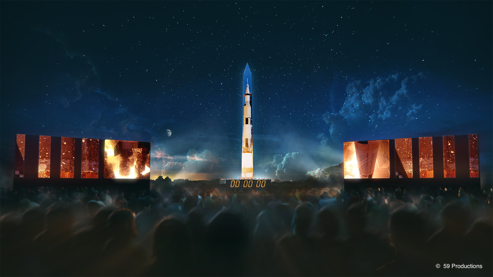 rendering of saturn v projection on washington monument with screens on each side