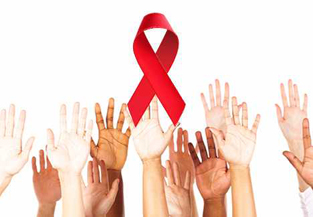 Red ribbon with reaching hands