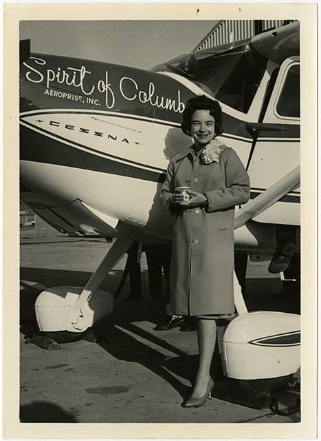 Jerrie Mock poses with Spirit of Columbus
