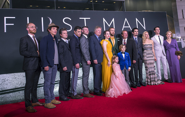 Actors including Claire Foy and Ryan Gossling walk the red carpet at the museum for the premiere of their movie titled First Man